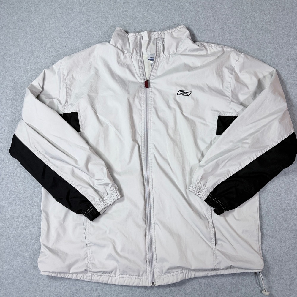 Reebok Windbreaker Jacket Mens Large Gray Black Full Zip Colorblock Lined